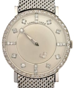 Ultra Long 18K Gold Longines Mystery Dial Fine Diamond Bezel Mid Century Running Wrist Watch W/ Orig