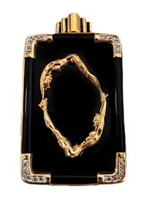 Signed Erte 14K Gold Onyx Diamond Nude Art Deco Large Brooch Pin Alphabet O