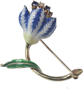 Signed Art Deco 14K Yellow Gold Blue Yellow & White Matte Enamel Green Glossy Enamel Natural: Described & Photographed By: Liz 63756 NETT Title: Signed Art Deco 14K Yellow Gold Blue Yellow & White Matte Enamel Green Glossy Enamel Natural Sapphire Diamond Flower Brooch Description