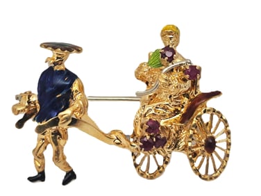 Finely Made 18K Gold Natural Ruby Enamel Figural Brooch Carriage