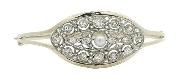 Platinum On 14K Yellow Gold Art Deco Filigree Ultra Fine Pearl Diamond Bracelet