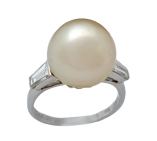 Platinum Large Gia South Sea Cultured Pearl Side Diamond Art Deco Ring W/ Report