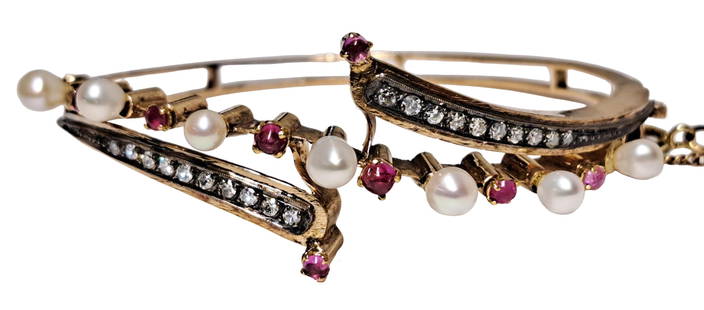 Victorian 0.50Ctw Old Cut Diamond Nat Ruby Cabochon 14K Gold Pearl Bangle Bracelet W/ Austrian: Described & Photographed By: Dillon 64091 NFDDD Title: Victorian 0.50ctw Old Cut Diamond Nat Ruby Cabochon 14K Gold Pearl Bangle Bracelet w/ Austrian Hallmarks Description: Victorian 0.