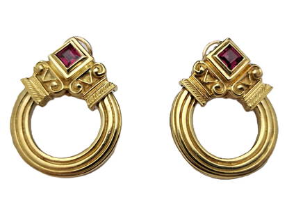 Signed Frederica 28G Doorknocker Tourmaline 18K Gold Earrings: Described & Photographed By: Rachel HFA DT63614 NFEDD Title: Signed Frederica 28G Doorknocker Tourmaline 18K Gold Earrings Description: Signed Frederica 28G Doorknocker Tourmaline 18K G