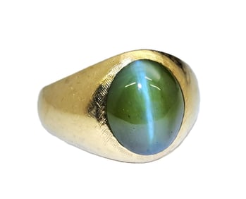 18K Gold Olive Green 11Ct Cat’S Eye Chrysoberyl Mens Vintage Ring