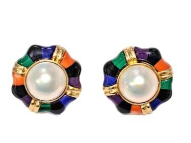 Asch Grossbardt 14Mm Cultured Mabe Pearl 14K Gold Multi Gemstone Inlay Earrings Coral Onyx Malachite