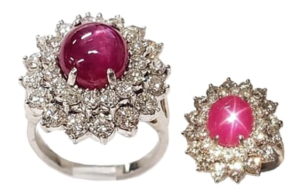 Gia Approx 7Ct Natural No Heat Star Ruby Platinum Double Halo Diamond Midcentury Cocktail Ring