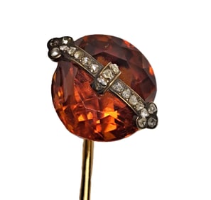 Huge Untreated Rare Natural Citrine Rose Cut Fine Diamond 18K Gold Long Hat Lapel Pin W/ French