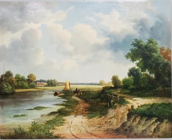 Song Humphrey Original Oil Painting Romantic Landscape Horse Rider Boat Cottage Christian Bucolic