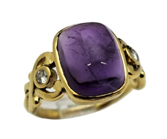 Helen Woodhull Diamond Amethyst Cabochon 18k Gold Artisan Ring
