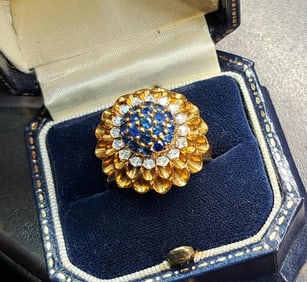 18k Natural Sapphire Heavy Diamond Tiffany Co Large Size 9? Ring