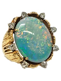 GIA Vintage Huge 18K Gold Brutalist Natural Opal 10CT Fine Diamond Mens Ring 10.65CTW 22g
