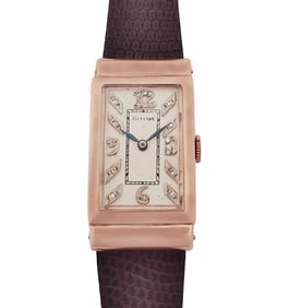 14k Red Gold Glycine Factory Diamond Dial Art Deco Long Curved Mens Vintage Wrist Watch