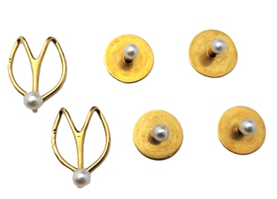 Unusual 18k Gold Tiffany Co Natural Pearl Cufflink and Shirt Stud Set