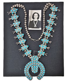 Documented Vintage Mission Doctor Collection Squash Blossom Silver Turq Native American Necklace NM