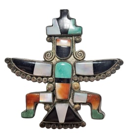 Documented Vintage Mission Doctor Collection Silver Multi-Gemstone Inlay Zuni Knifewing Brooch Pin