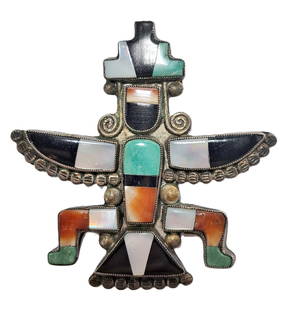 Documented Vintage Mission Doctor Collection Silver Multi-Gemstone Inlay Zuni Knifewing Brooch Pin: Described & Photographed By: Dillon HFA VX NED Title: Documented Vintage Mission Doctor Collection Silver Multi-Gemstone Inlay Zuni Knifewing Brooch Native American NM Description:Documented Vintage M