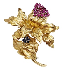 Unsigned Buccellati Style 14k 18k Gold Natural Ruby Sapphire Brooch Hand Stamped 1069 Finely Made
