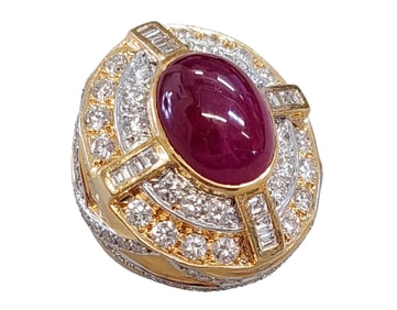 Massive Aprx 12ct Natural Ruby 18k Gold 5ctw Fine White Clean Diamond Statement Ring
