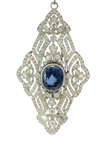 Art Deco Aprxx 5ctw Fine Diamond Platinum Filigree Cushion Sapphire Convertible Large Pendant Brooch