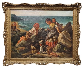 Edward John Cobbett 19c Genre Oil Seascape Children Beach Mediterranean Painting Well Executed Large