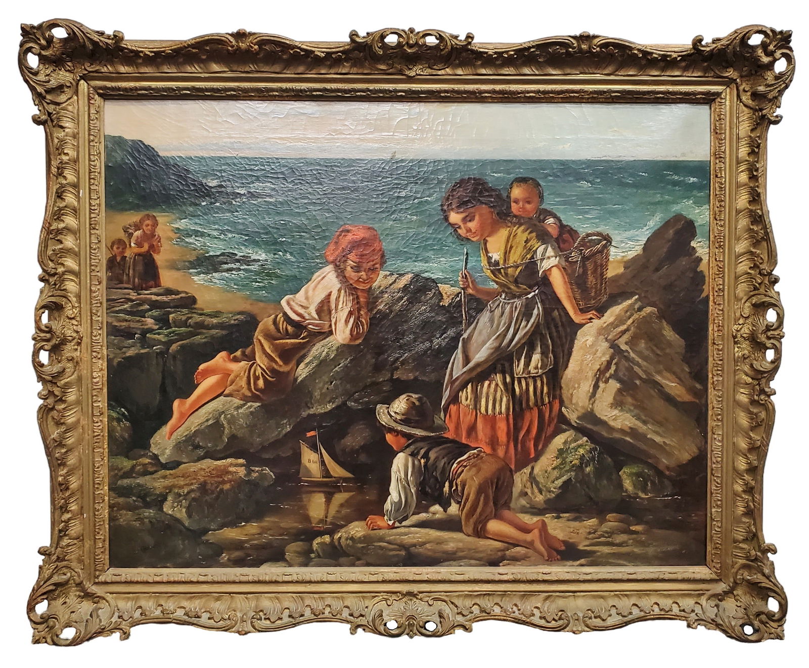 Edward John Cobbett 19c Genre Oil Seascape Children Beach Mediterranean Painting Well Executed Large (1 of 10)