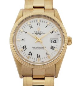 Rolex 18k Gold Scarce White Roman Dial Mens Datejust Watch Box Tag