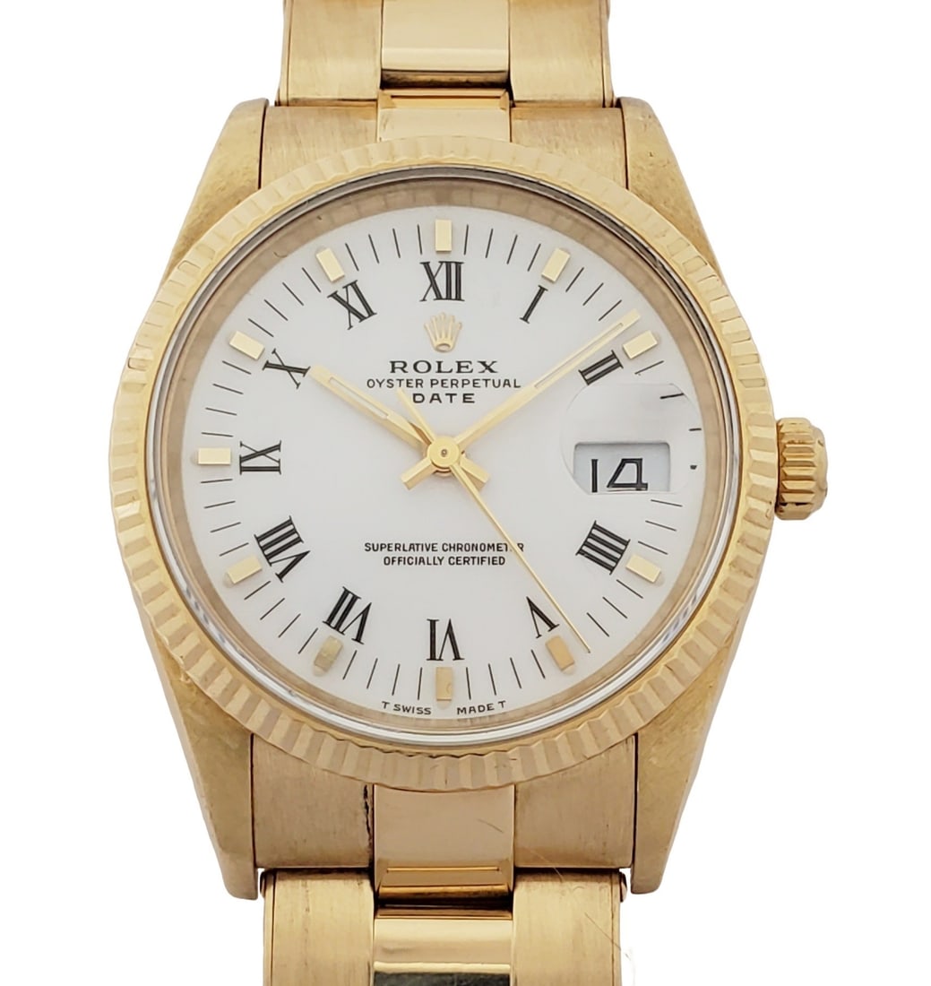 Rolex 18k Gold Scarce White Roman Dial Mens Datejust Watch Box Tag (1 of 10)