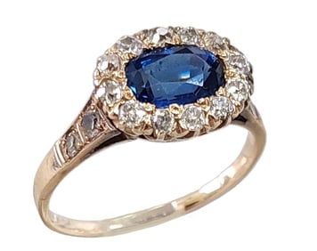 Antique 14K Gold 1.50ctw No Heat GIA Royal Blue Sapphire Diamond Halo Ring