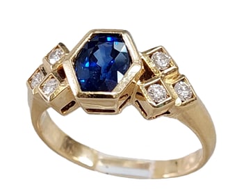 GIA Natural Sapphire 18k Gold Fine Diamond Modernist Signed Ring
