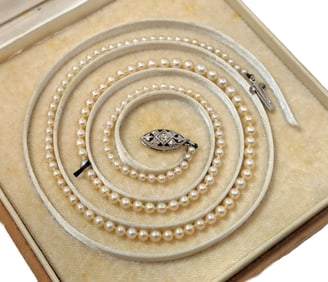 Signed Numbered 135 2.2mm-3.82mm Graduated Natural Saltwater Pearl Diamond Necklace BBB Fitted Box