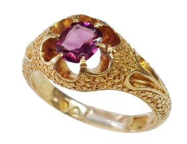 1866 Victorian Era Heavy 18k Gold Rhodolite Garnet Mens Antique Ring w/ GIA Report