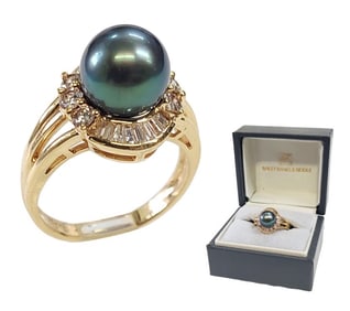 18k Gold Fancy Tahitian Pearl Fine Diamond Ring Purchased From Bailey Banks & Biddle