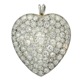 Edwardian Approx 8ctw Ultra White Large Old Euro Diamond Platinum 18k Gold Heart Pendant