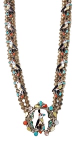 Carlene C Leekity Signed Zuni Native American Sterling Silver Multi Gemstone Inlaid Bird Necklace