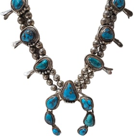Vintage Old Pawn Solid Silver Turquoise Navajo Squash Blossom Necklace