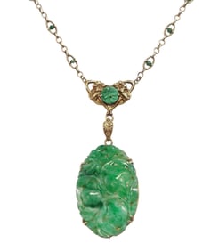 Antique Large Untreated Jadeite Jade 1930s Asian Pendant w/ Fancy Link Necklace