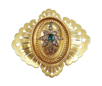 Victorian Old Cut Diamond Bright Natural Emerald 20K Gold Locket Pendant