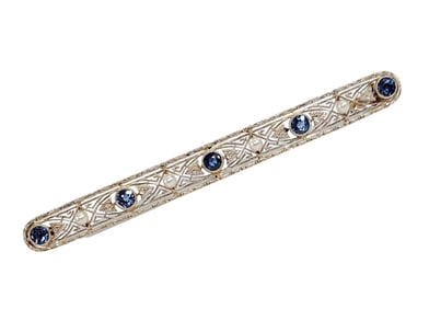 GIA Edwardian 14K Gold Natural Sapphire Genuine 0.75ctw Seed Pearl Bar Pin Yogo Gulch