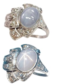 Approx 8ct No Heat Natural Star Sapphire Palladium Diamond Antique Art Nouveau Ring