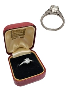 Signed Numbered 1940s Platinum Cartier Art Deco Fine Diamond Clean Transitional Cut Ring