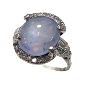 Art Nouveau Platinum Approx 11ct. Natural Blue Star Sapphire Cabochon Diamond Ring