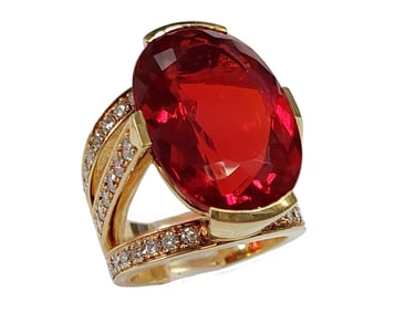 Designer Signed 18K Gold Massive 13ct Red Fire Opal 1.28ctw Fine Diamond Ring