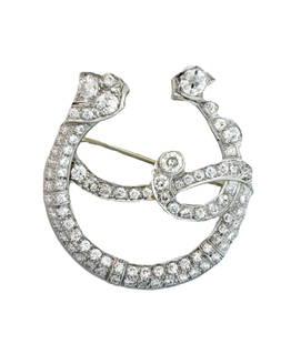 Art Deco Platinum Horseshoe Ribbon Motif Fine Old Euro Diamond Period Brooch: Described & Photographed By: Rachel HFA NOYDD 61435 Title: Art Deco Platinum Horseshoe Ribbon Motif Fine Old Euro Diamond Period Brooch Description: This exquisite piece in a period cor