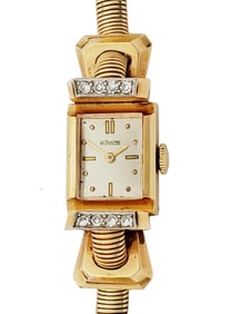 LeCoultre 14k Gold Factory Diamond Retro Deco Vintage Ladies Watch Box