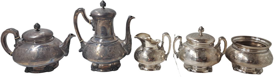 Scarce Complete Set Tiffany & Co Sterling Silver Ivy Chased Leaf Design Tea Set c. 1850-1899: Described By:Liz 65556 NRMED Title:Scarce Complete Set Tiffany & Co Sterling Silver Ivy Chased Leaf Design Tea Set c. 1850-1899 Description: Comes with provenance. This was originally bought in the 18