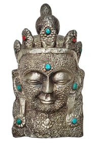 Large Tibetan Chinese Asian Silvered Metal Buddha Head Wall Relief Sculpture