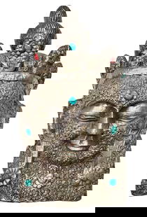 Large Tibetan Chinese Asian Silvered Metal Buddha Head Wall Relief Sculpture: Described By: Michelle CNX 0244 0558 Title: Large Tibetan Chinese Asian Silvered Metal Buddha Head Wall Relief Sculpture Description:Large Tibetan Chinese Asian Silvered Metal Buddha Head Wall