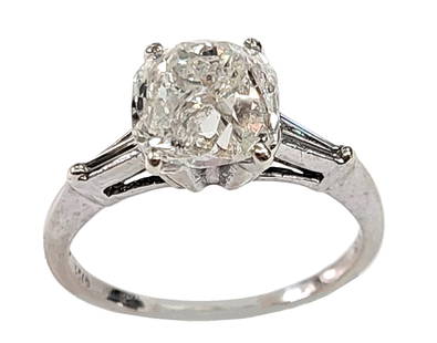 2.84ct Old Mine Cushion Diamond Solitaire Antique 14k White Gold Ring w/ Baguette Side Stones: Title: 2.84ct Old Mine Cushion Diamond Solitaire Antique 14k White Gold Ring w/ Baguette Side Stones Description: An incredibly bright & fiery 2.84ct (known weight) old mine cut diamond solitaire is f