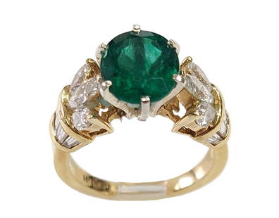 Approx 2.61ct Natural Emerald 1.50ctw Fine Diamond Signed 18k Gold Ring w/ Appraisal: Title: Approx 2.61ct Natural Emerald 1.50ctw Fine Diamond Signed 18k Gold Ring w/ Appraisal Description: An approx. 2.61ct natural emerald showing nice clarity & a very deep green color is mounted in